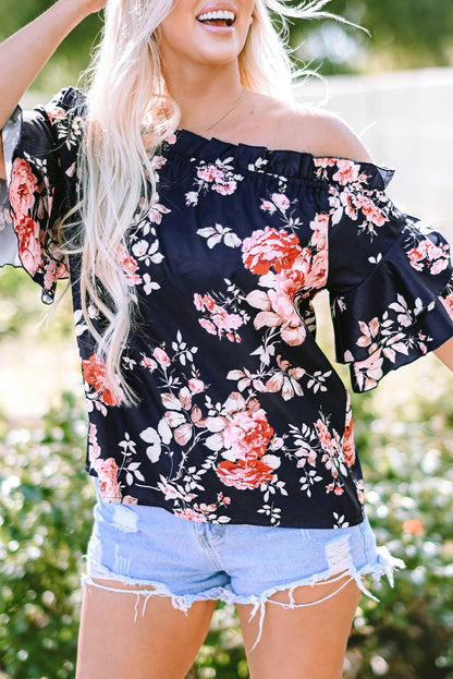 Ruffle Off Shoulder Flounce Sleeve Floral Blouse | Blue