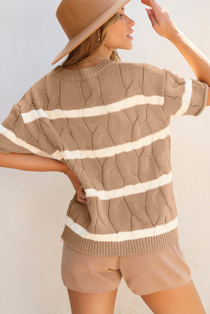 Striped Cable Short Sleeve Sweater | Dark Khaki