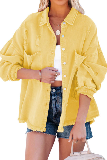 Distressed Fringe Trim Denim Jacket | Yellow