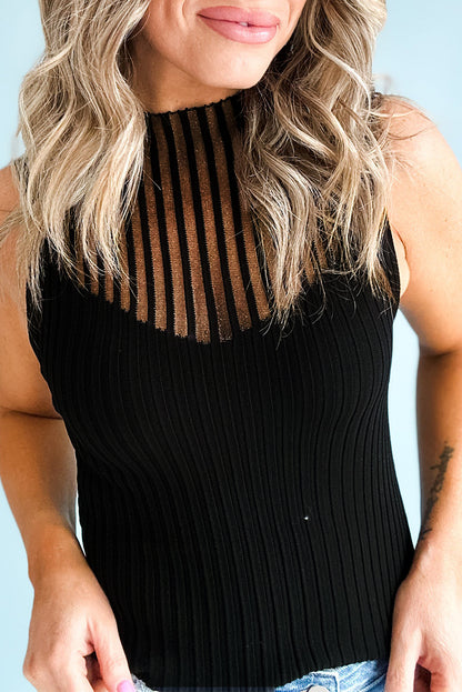 Ribbed Texture Mesh Cutout Knitted Sweater Vest | Black