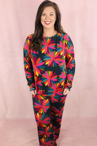 Plus Size Printed Long Sleeve And Pants Lounge Set | Black