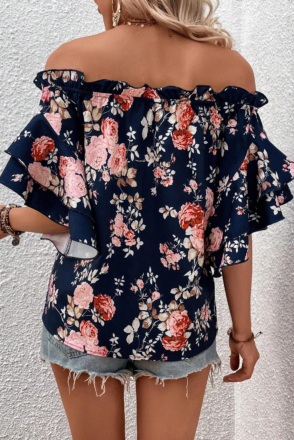 Ruffle Off Shoulder Flounce Sleeve Floral Blouse | Blue