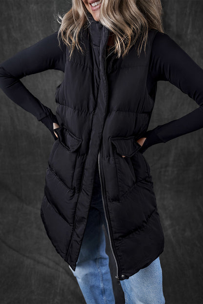 Windproof Longline Full Zipper Puffer Vest With Pockets | Black