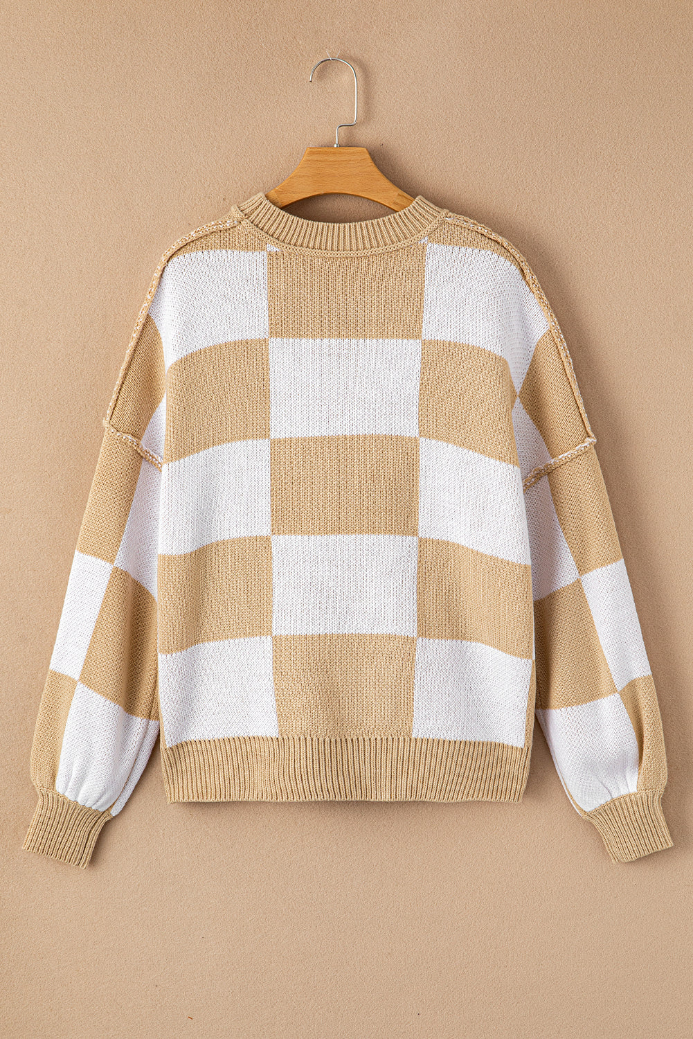 Checkered Bishop Sleeve Sweater | Khaki