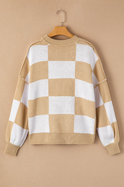 Checkered Bishop Sleeve Sweater | Khaki