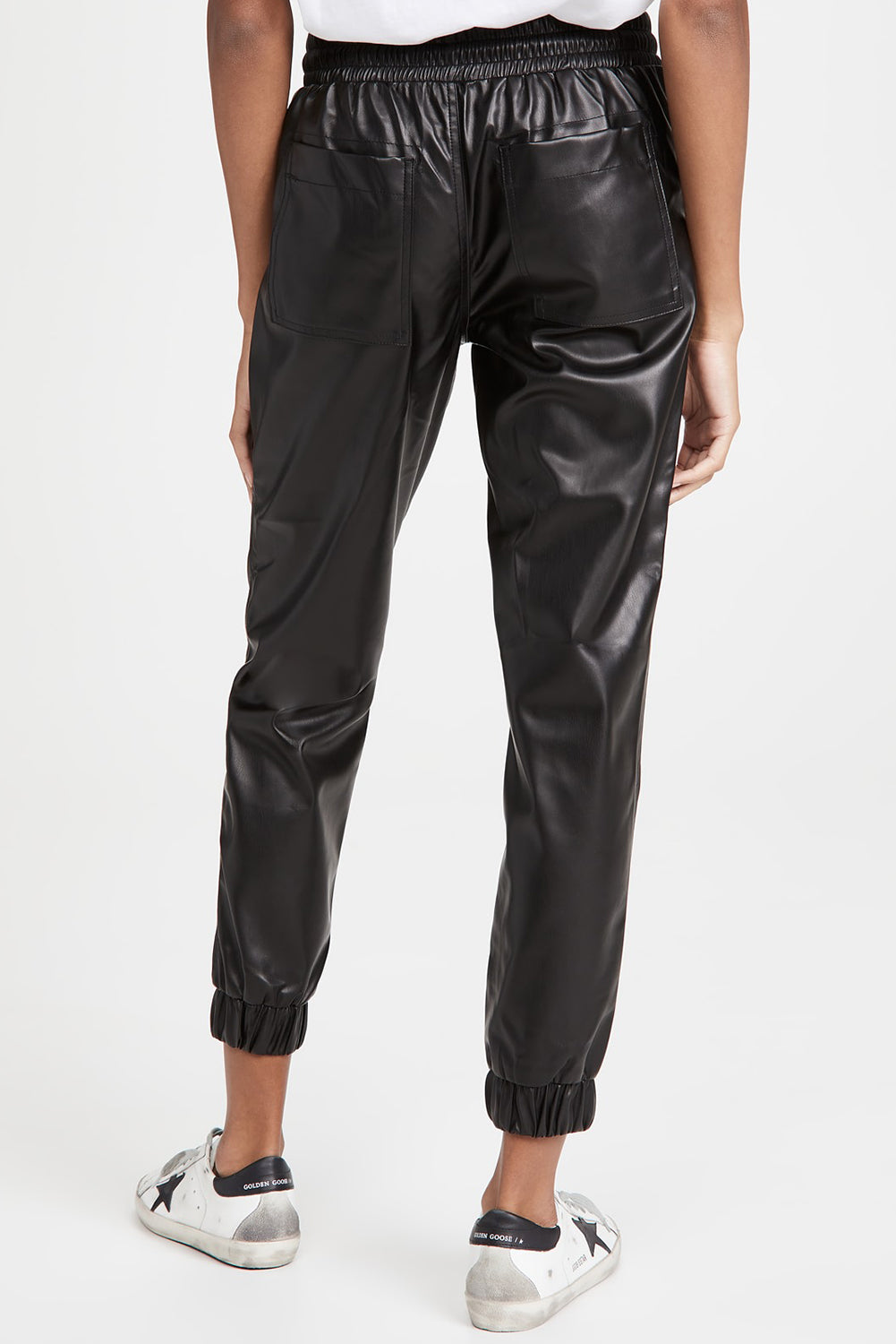 Faux Leather Ankle Smocked Waist Drawstring Joggers | Black