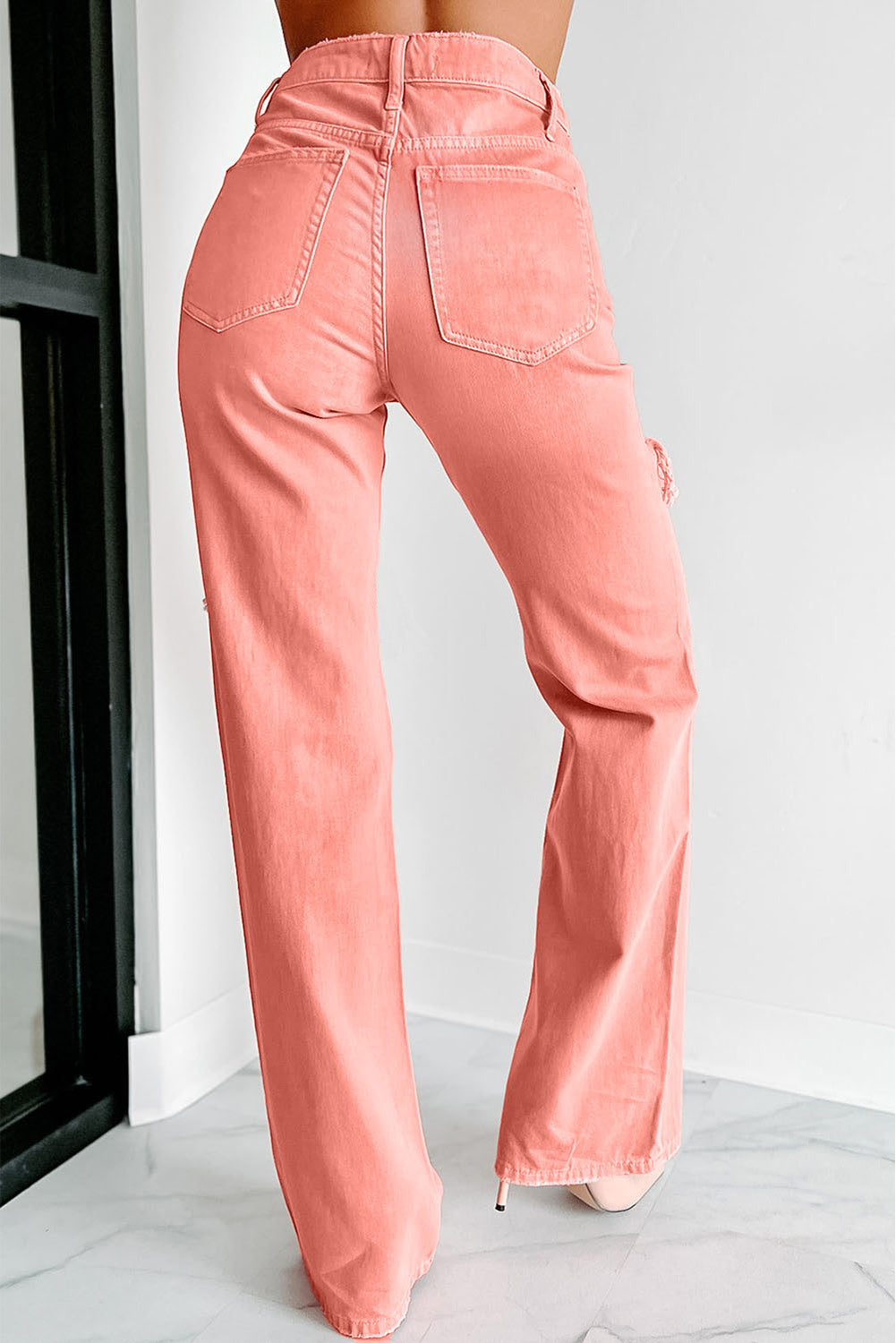 High Waist Ripped Straight Leg Pocket Jeans | Pink