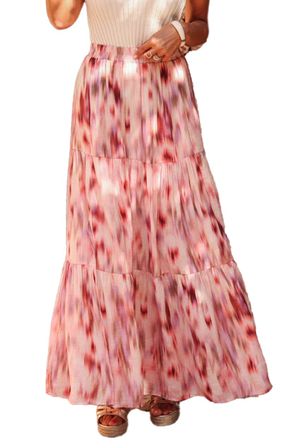 Abstract Watercolour Tie Dye Tiered Maxi Skirt | Pink