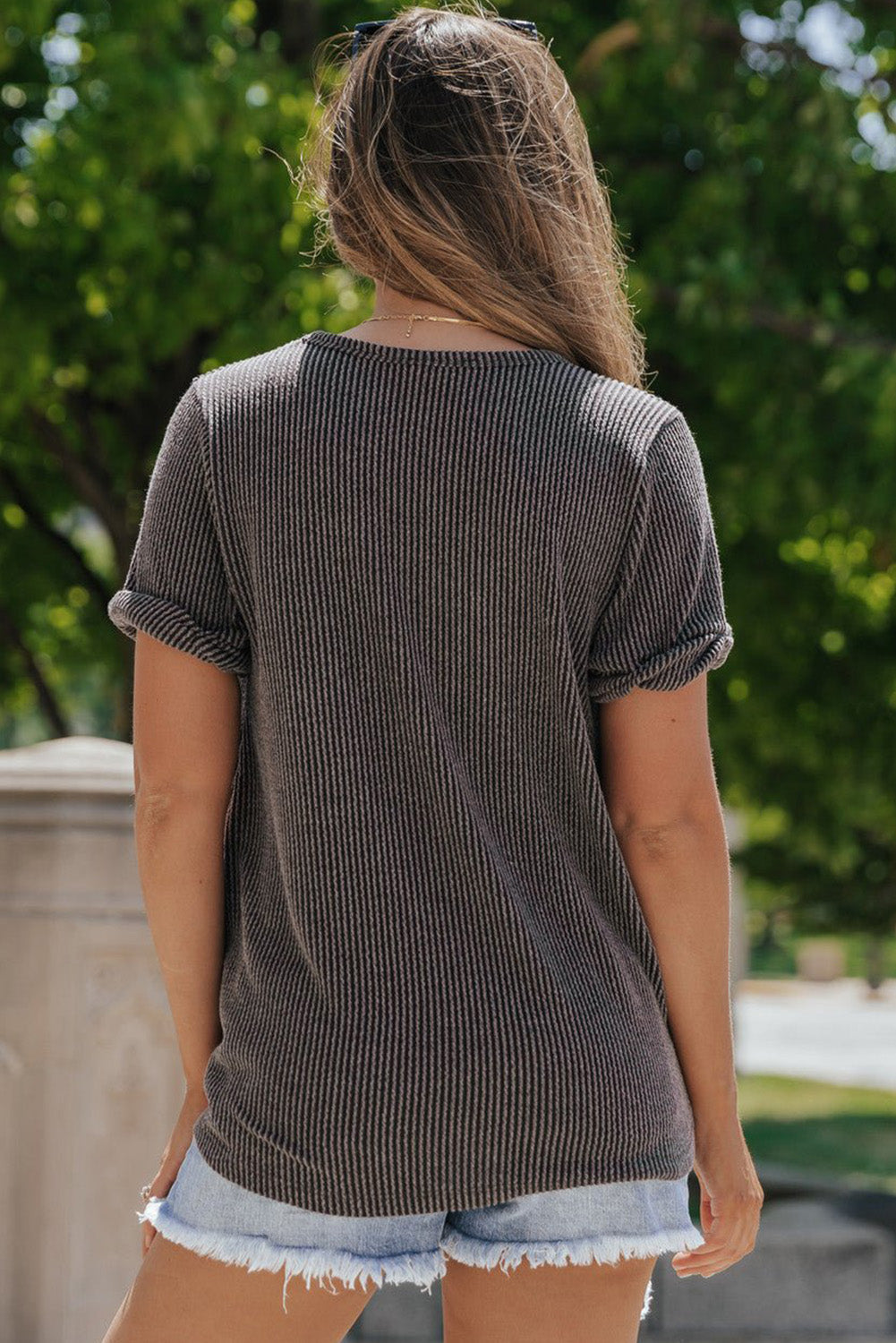 Twist Short Sleeve Corded V Neck Top | Carbon Grey