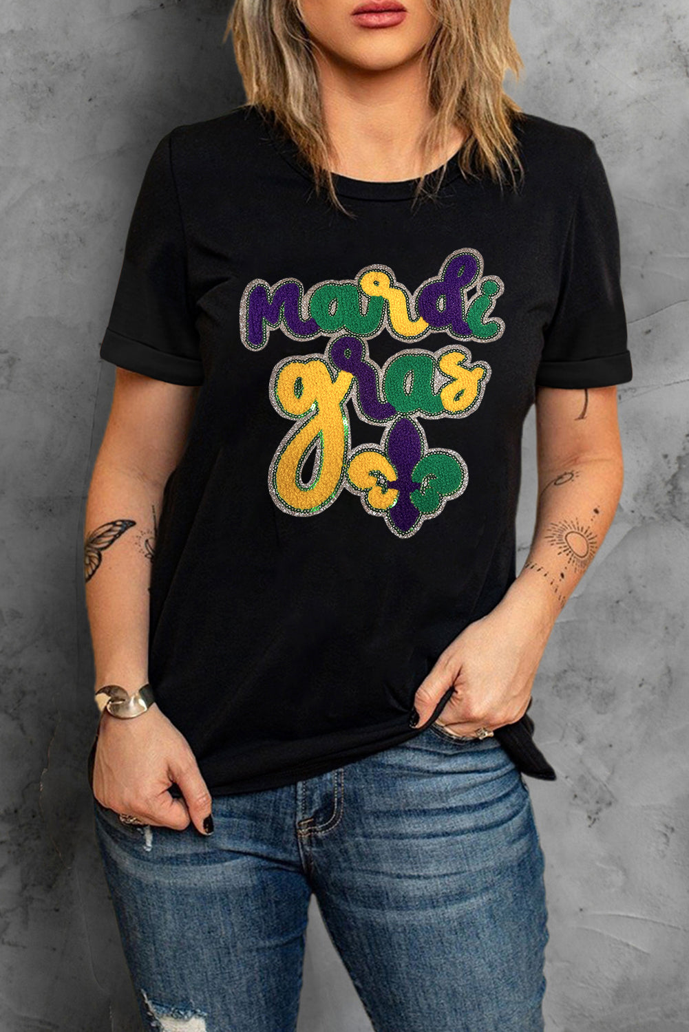 Chenille Mardi Gras Letter Graphic Tee | Black