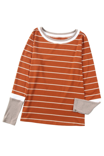 Extend Colour Block Cuffs Rib Knit Striped Pullover | Brown