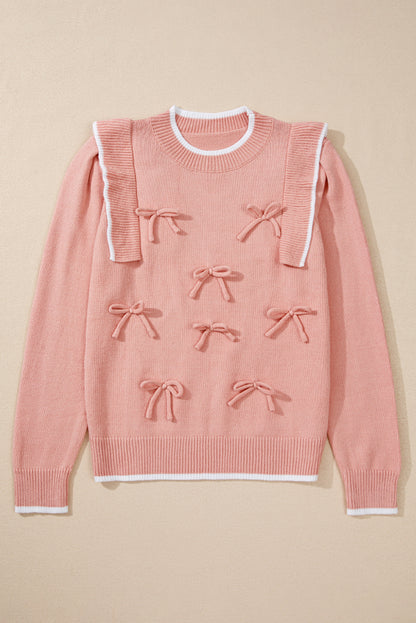 Ruffled Bowknot Ribbed Trim Long Sleeve Sweater | Light Pink