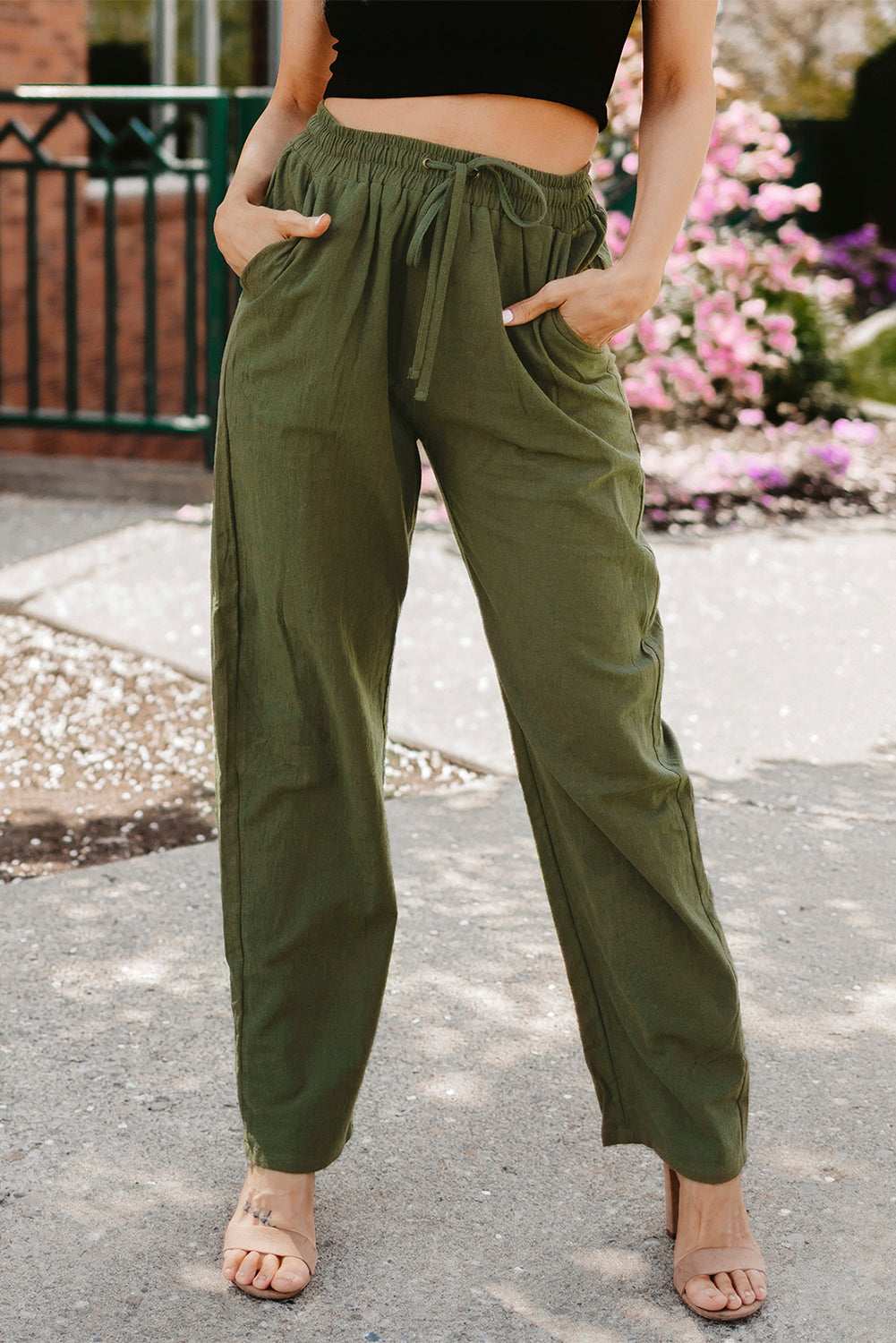 Drawstring Elastic Waist Pockets Long Straight Legs Pants | Green