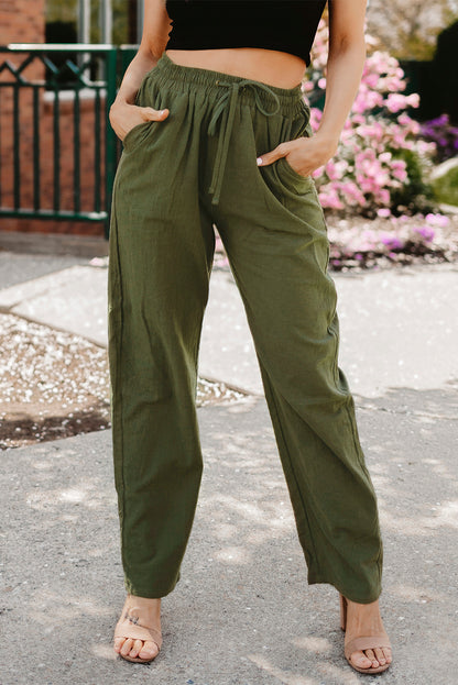 Drawstring Elastic Waist Pockets Long Straight Legs Pants | Green