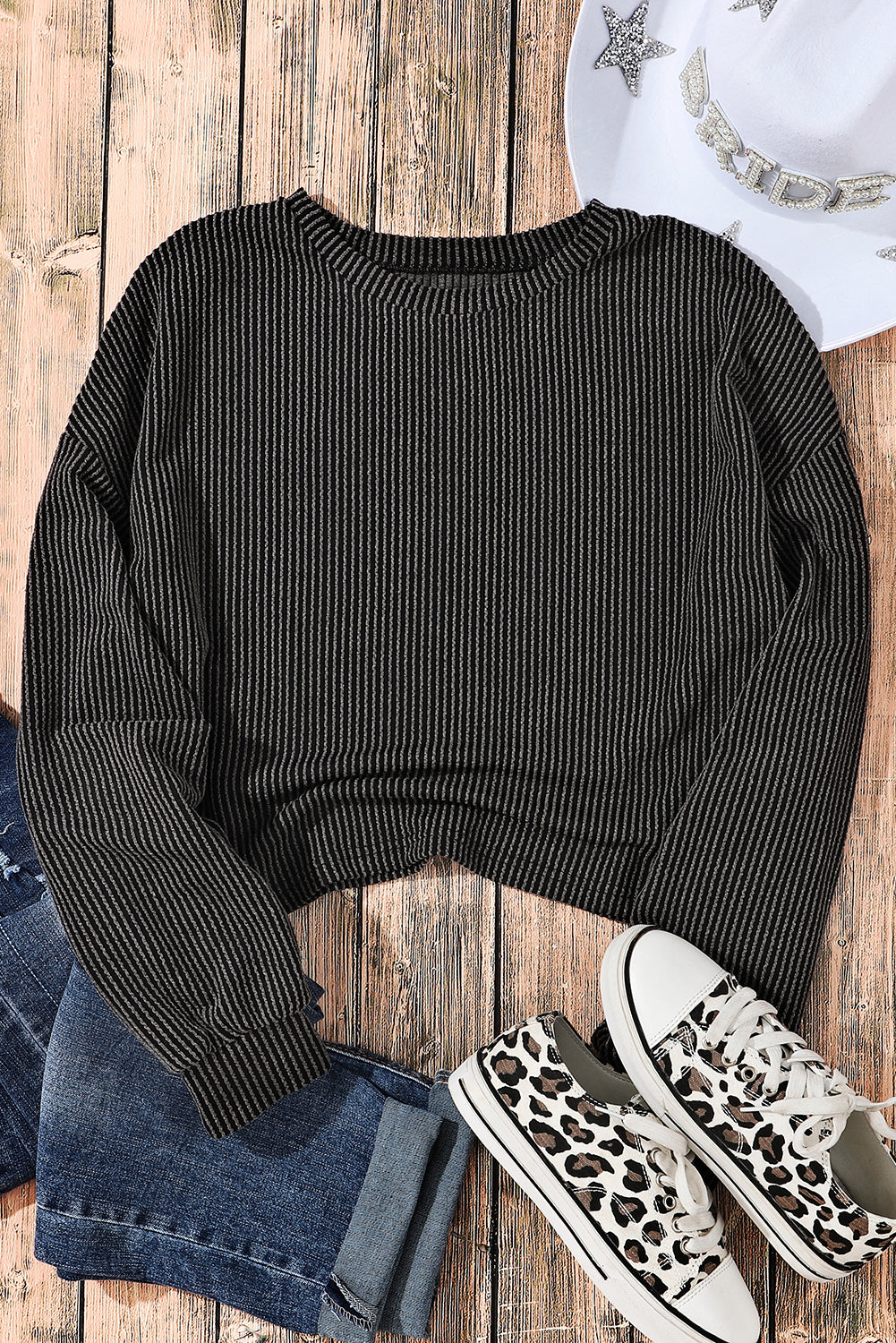 Cording Drop Shoulder Puff Sleeve Casual Long Sleeve Top | Black