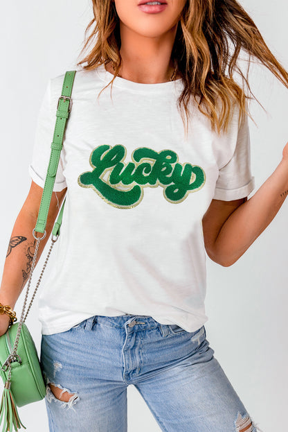 St. Patrick Lucky Chenille Glitter Patched Graphic T Shirt | White