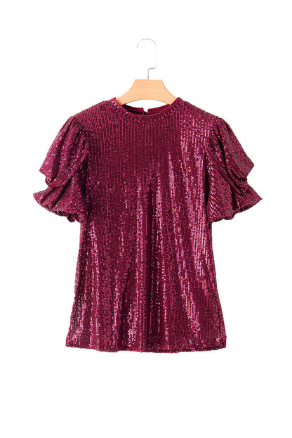 Glittering Sequin Short Bubble Sleeve Blouse | Burgundy