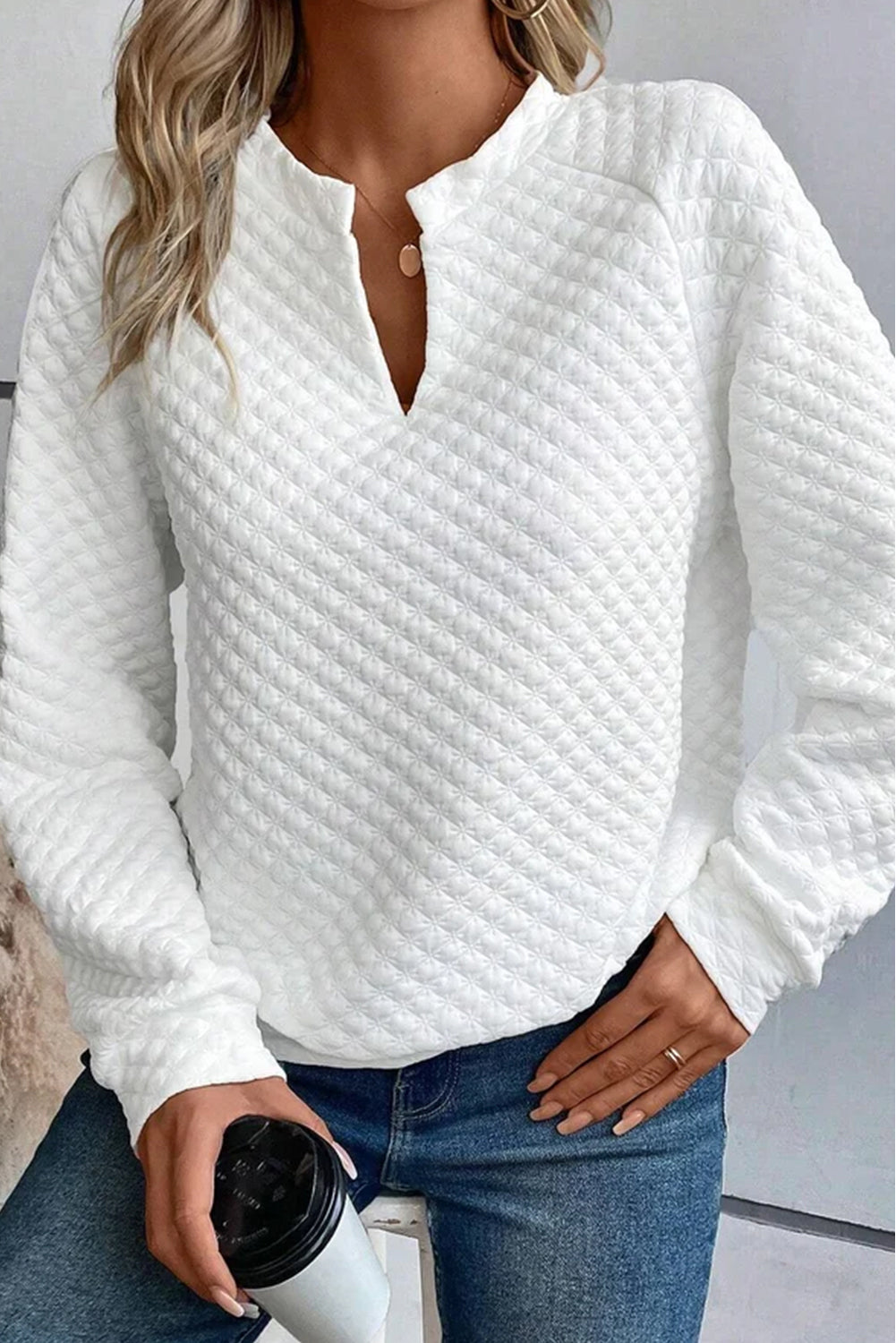 Split Neck Quilted Long Sleeve Top | White