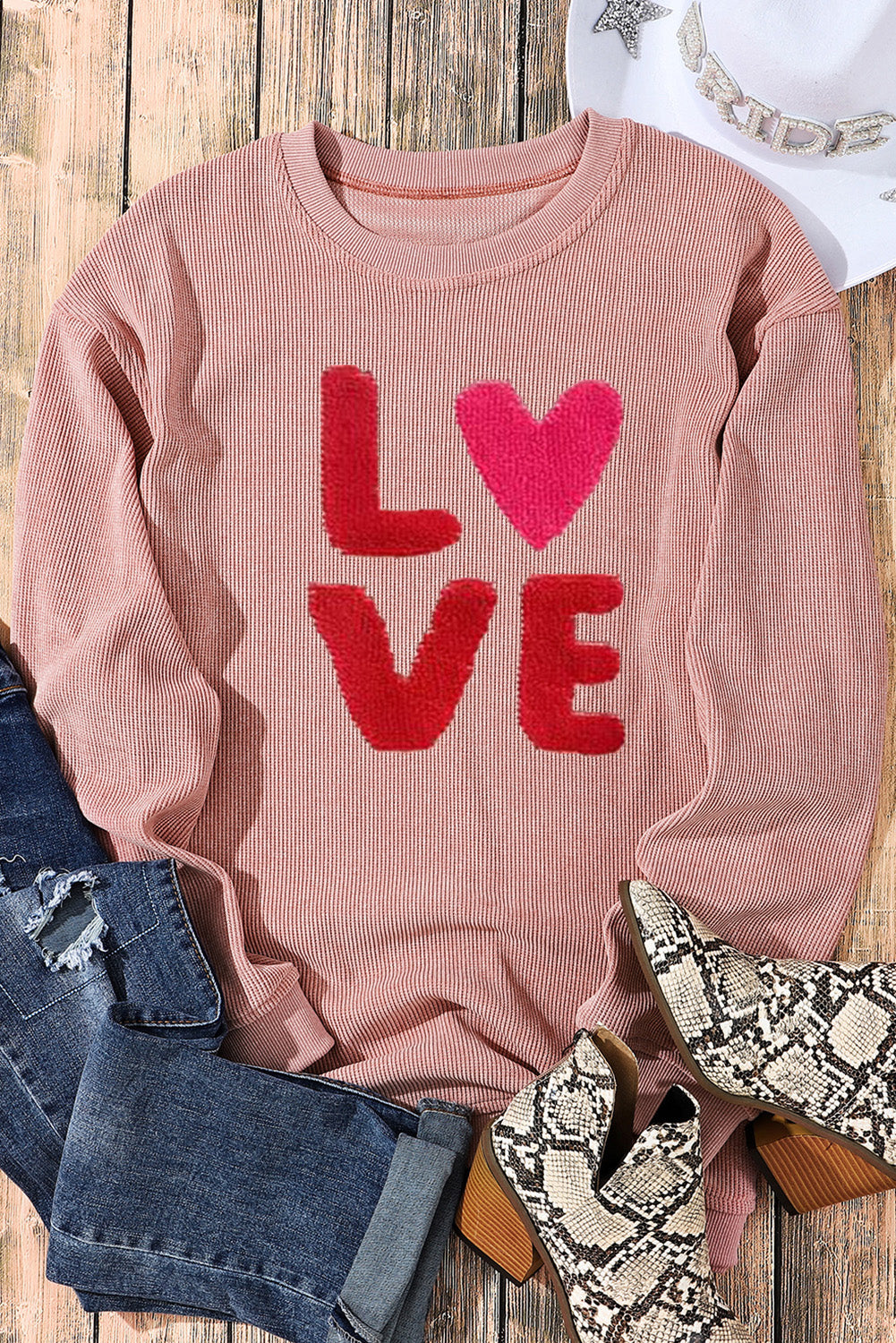 Valentines Love Chenille Embroidered Corded Sweatshirt | Pink