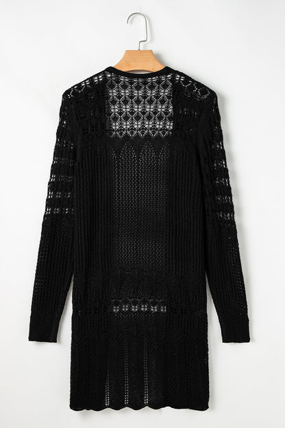 Crochet Hollow Out Open Front Cardigan | Black