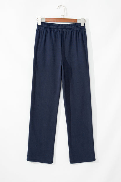 Solid Colour Fleece Lined Drawstring Waist Casual Pants | Navy Blue