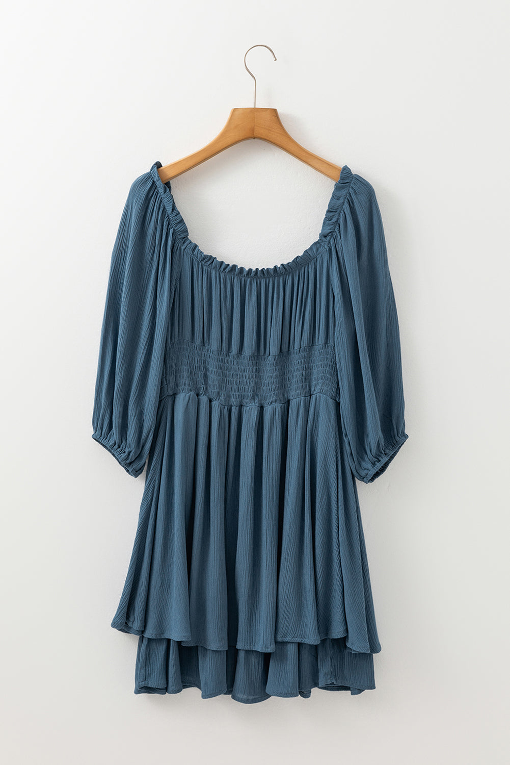 Frilled Neckline 3/4 Sleeve Layered Ruched Mini Dress | Real Teal