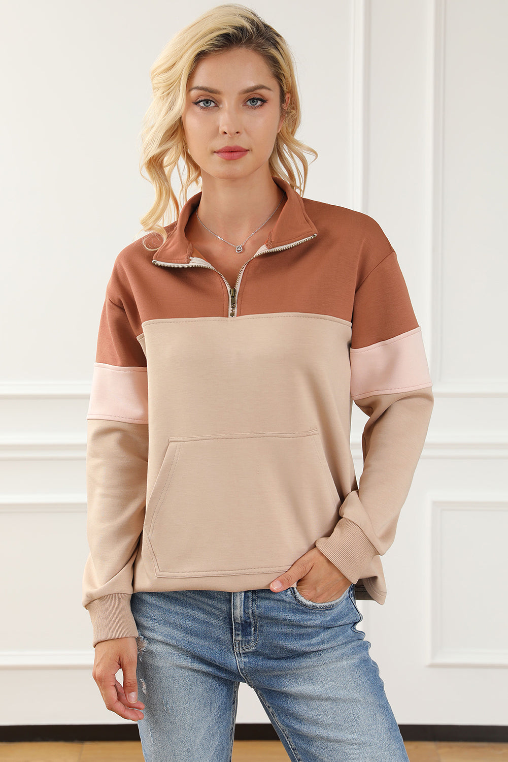 Colour Block Zip Mock Neck Pocketed Sweatshirt | Khaki