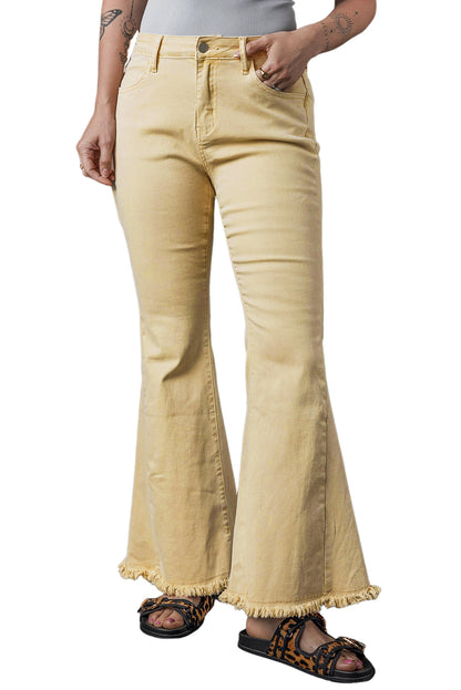 Raw Edge Mid Waist Flared Jeans | Khaki