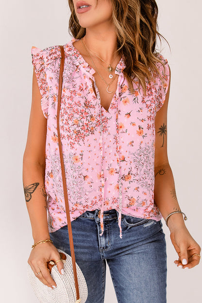 Floral Print Drawstring Frill Trim Sleeveless Top | Pink