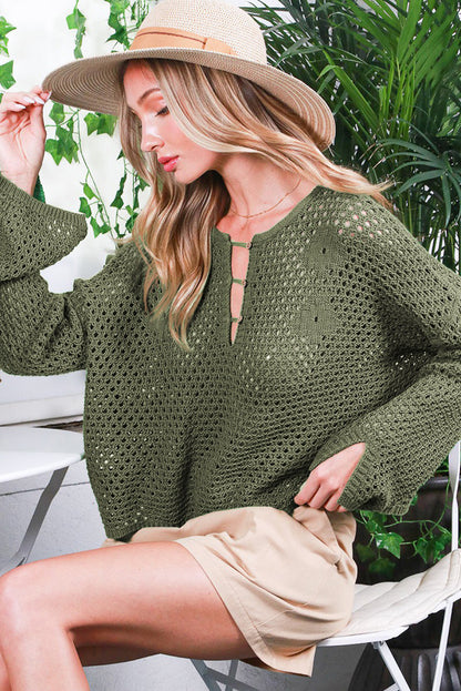 Open Knit Buttoned Neck Split Sleeve Sweater | Vineyard Green