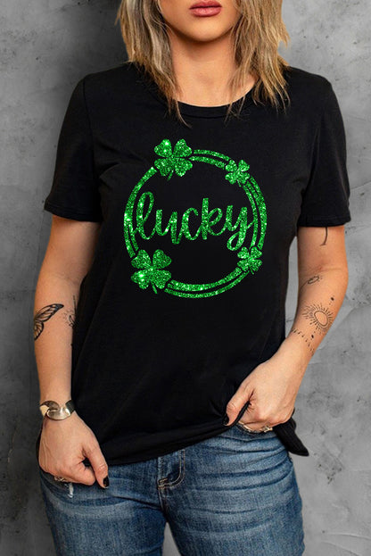 St Patrick Sequin Lucky Clover Print Short Sleeve T-Shirt | Black