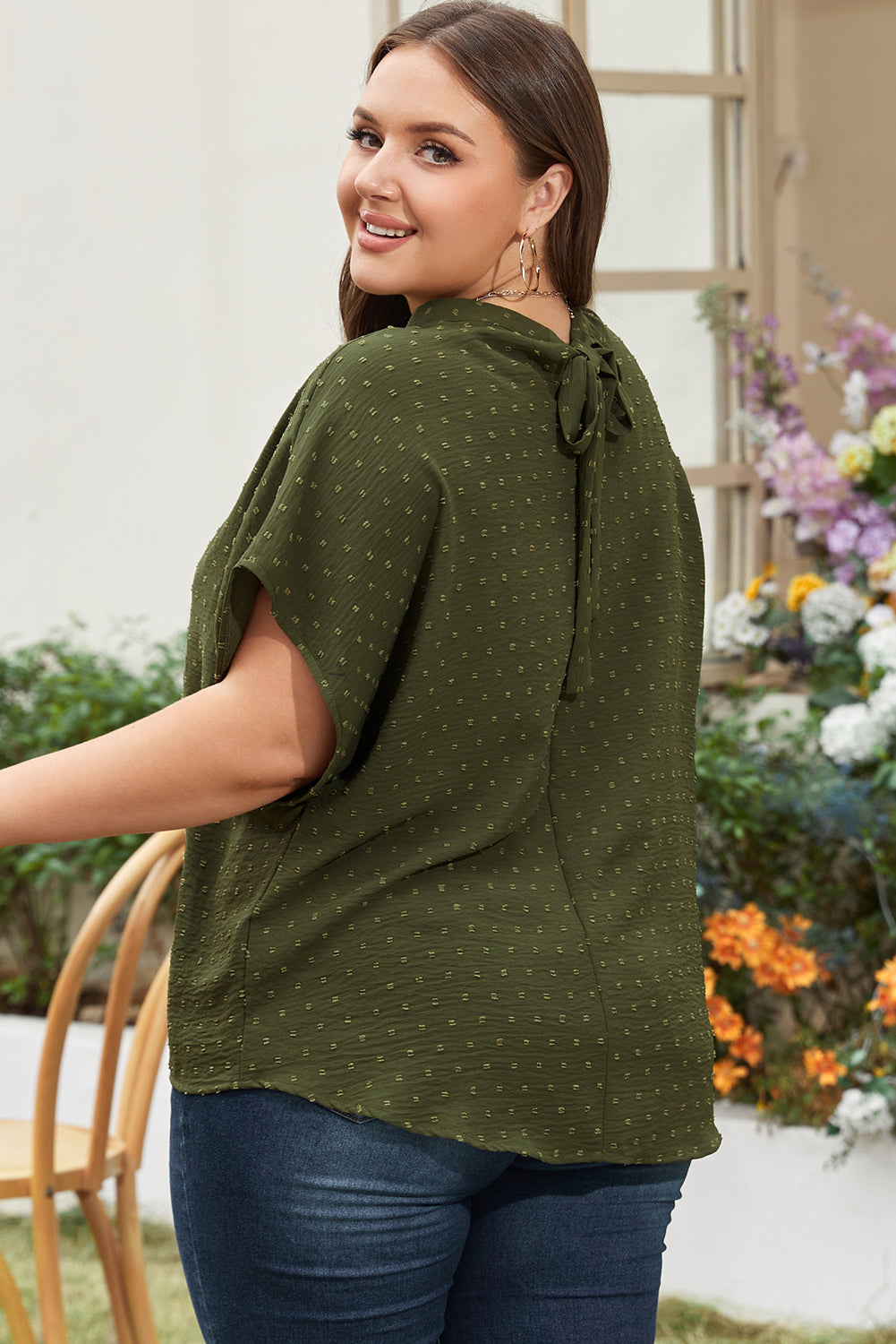 Plus Size Swiss Dot Mock Neck Tied Nape Top | Moss Green