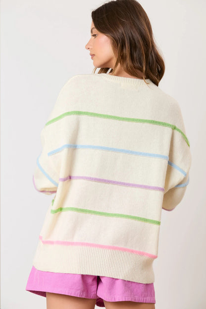 Rainbow Stripes Drop Shoulder Baggy Henley Sweater | White