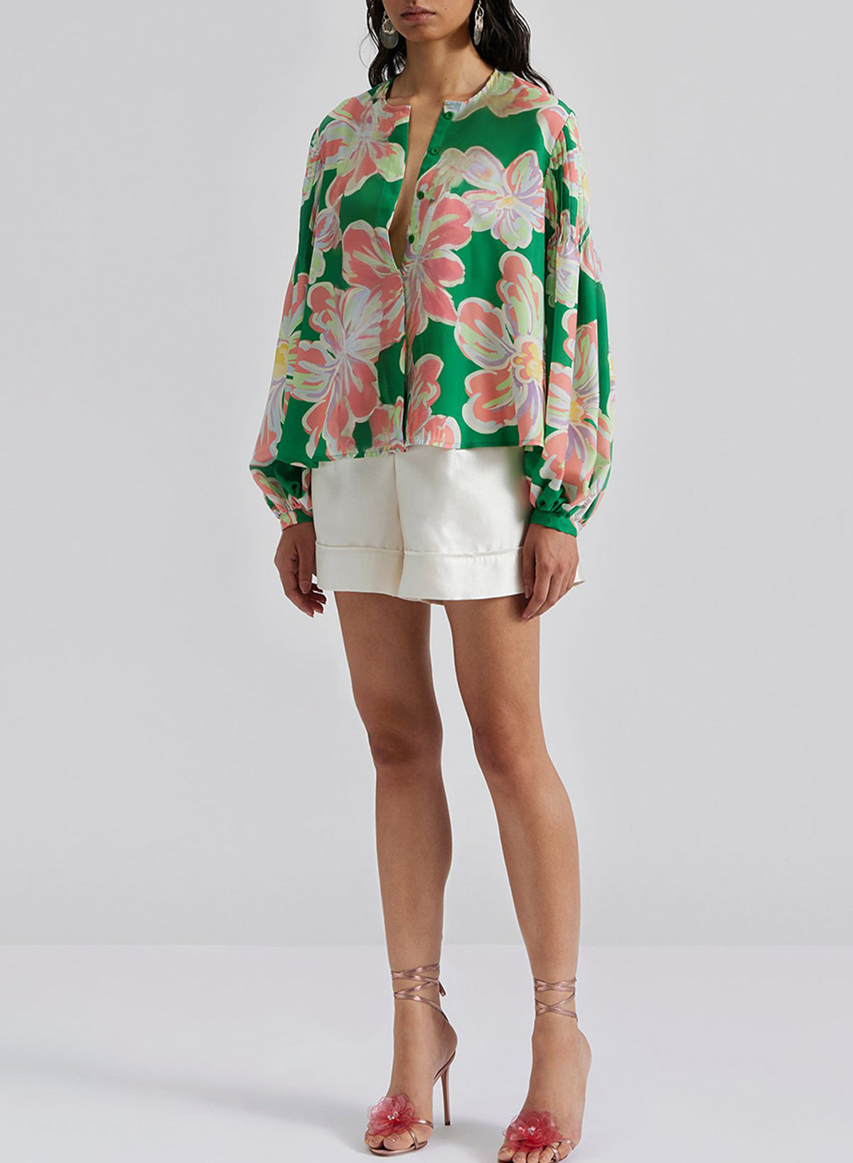 Floral Print Button Up Pleated Puff Sleeve Loose Shirt | Green