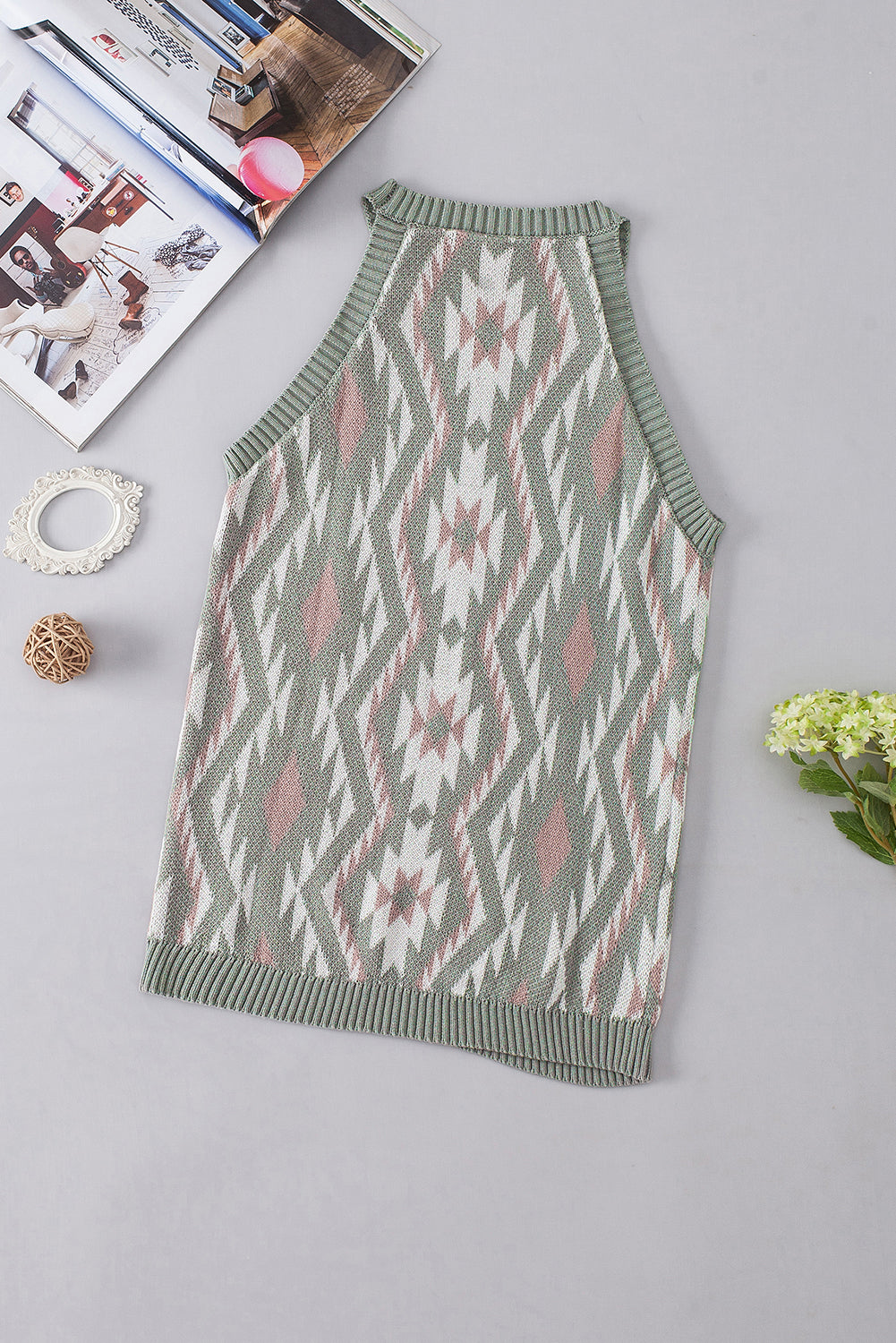 Western Tribal Aztec Pattern Knit Sweater Tank | Laurel Green