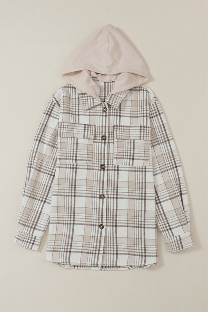 Plaid Removable Hood Buttoned Shacket | Khaki