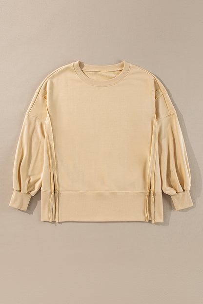 Exposed Seam Drop Shoulder Round Neck Sweatshirt With Slits | Light French Beige