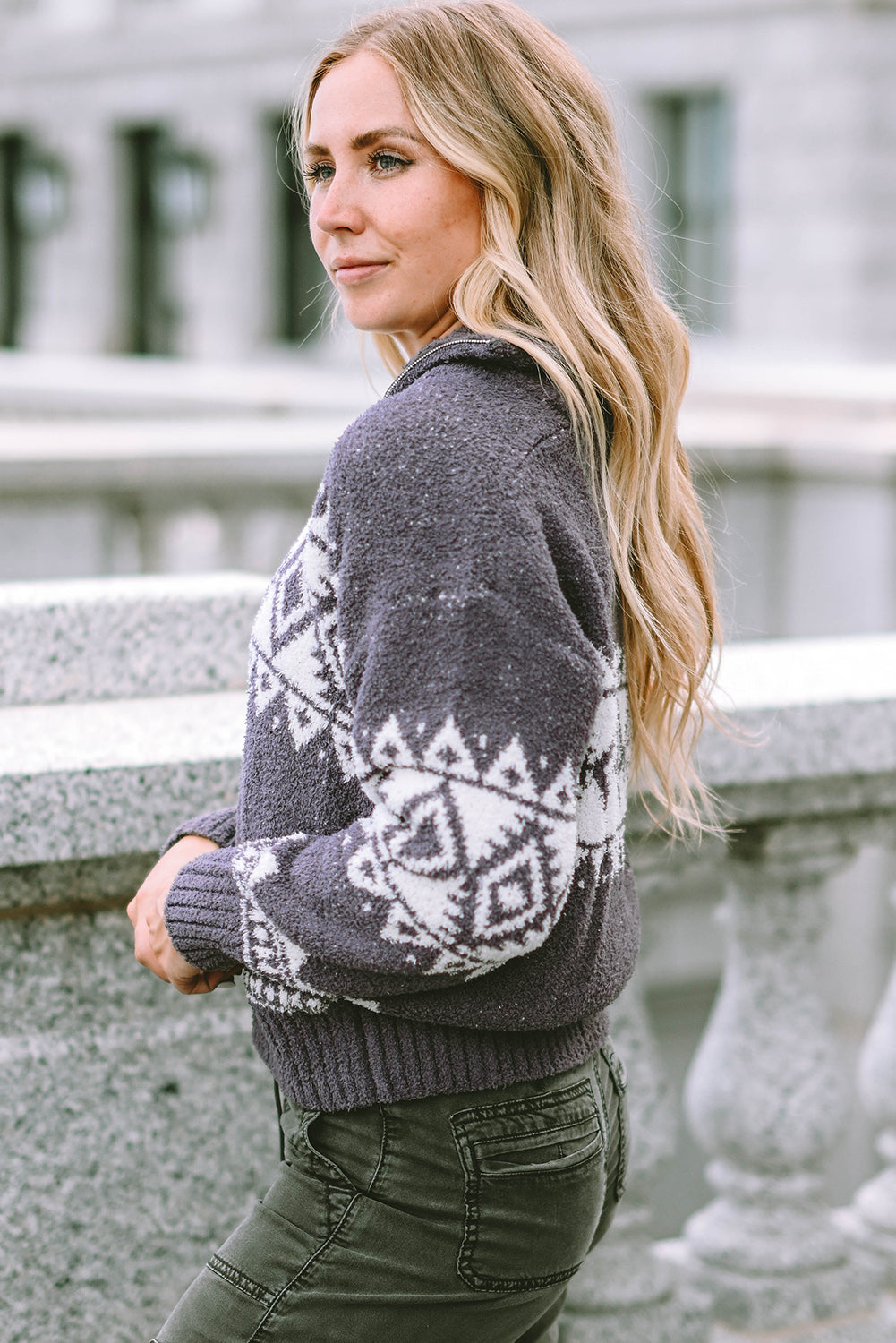 Western Geometric Printed Quarter Zip Pullover Sweater | Gray