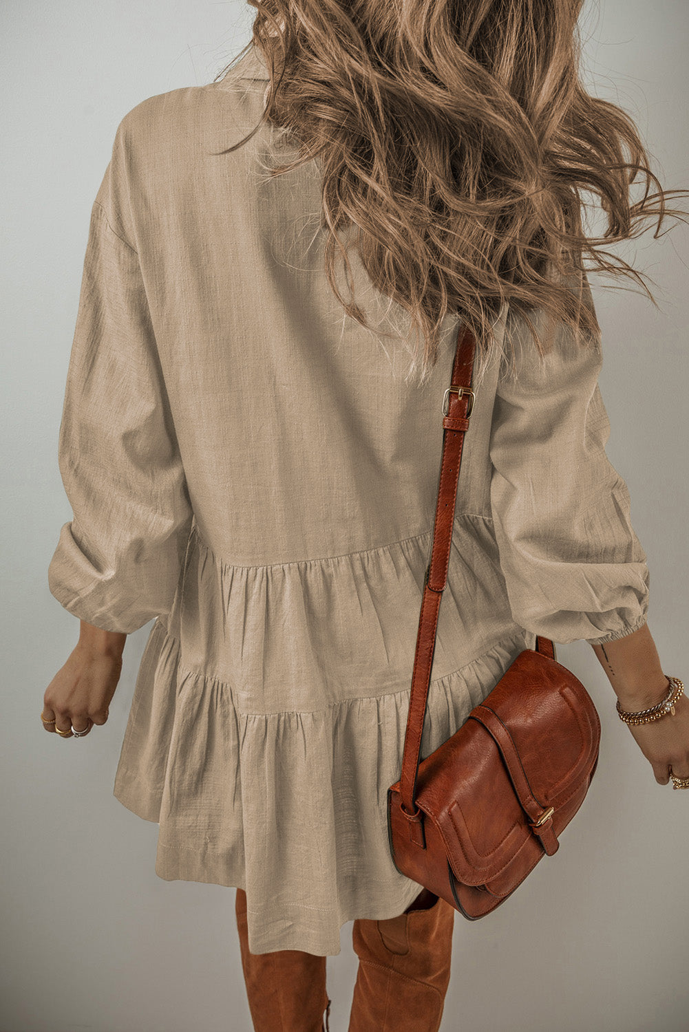 Puff Sleeve Buttoned Tiered Pleated Shirt Mini Dress | Tan