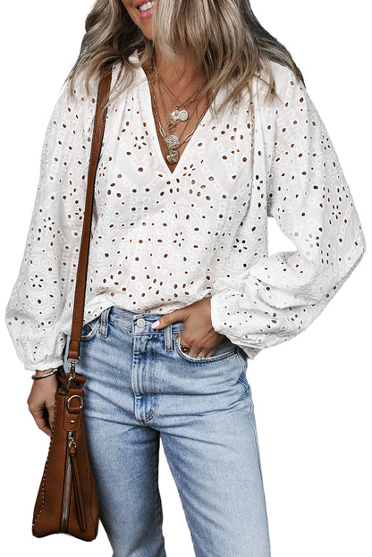 Eyelet Embroidered Puff Sleeve V Neck Blouse | White