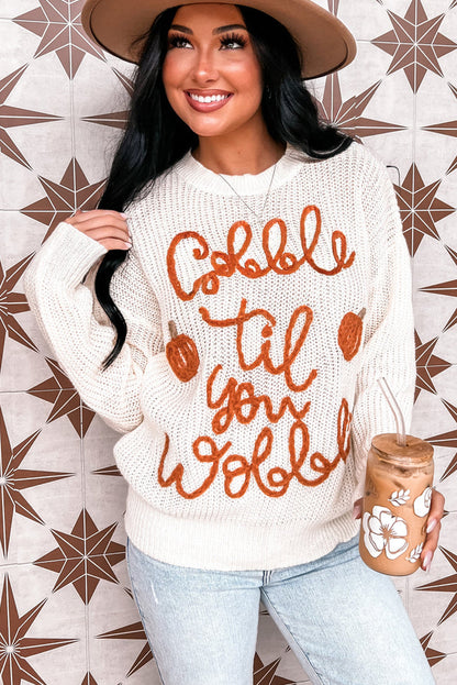 Gobble Til You Wobble Pop Up Crochet Plus Size Sweater | White