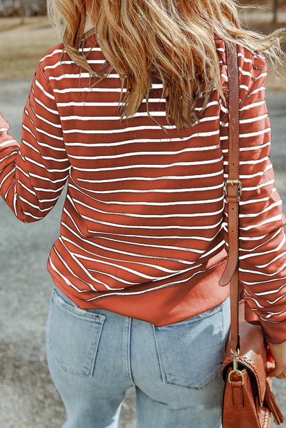 Striped Print Ribbed Trim Long Sleeve Top | Red