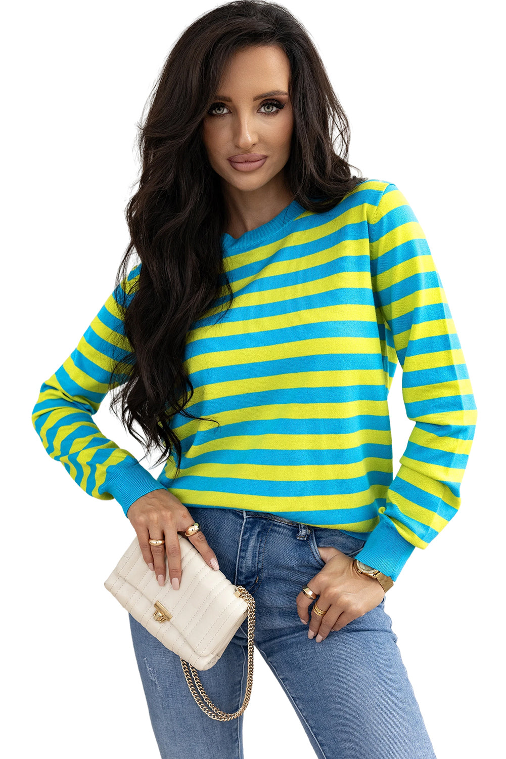 Crew Neck Drop Shoulder Casual Sweater | Green Stripe