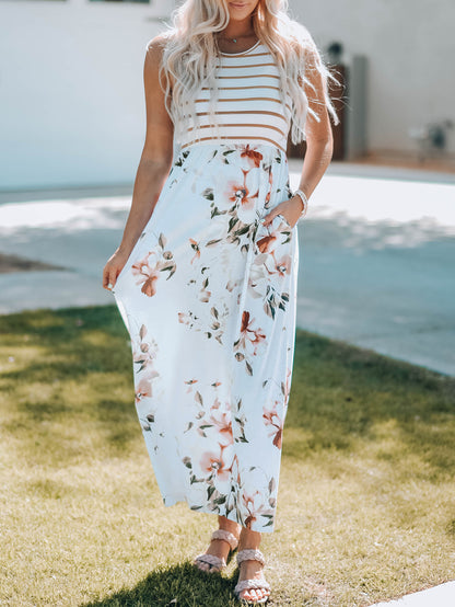 Striped Floral Print Sleeveless Maxi Dress With Pocket | White