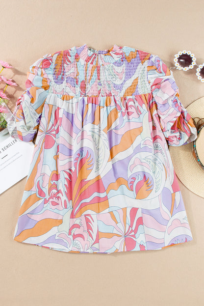 Abstract Print Bubble Sleeve Smock Detail Blouse | Pink