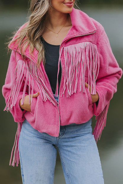 Fringed Full Zipper Fleece Jacket | Pink