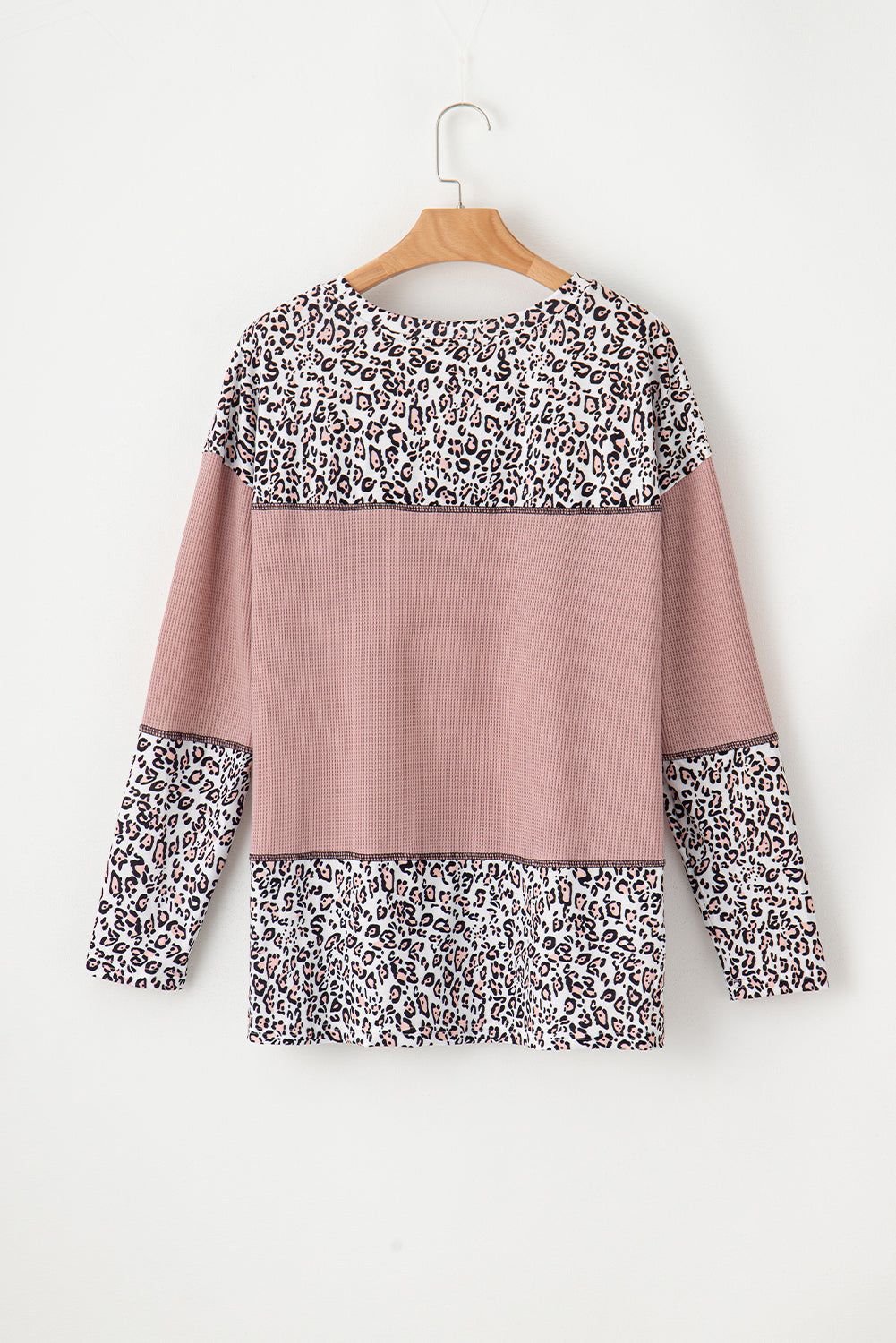 Leopard Print Waffle Knit Patchwork Top | Light Pink