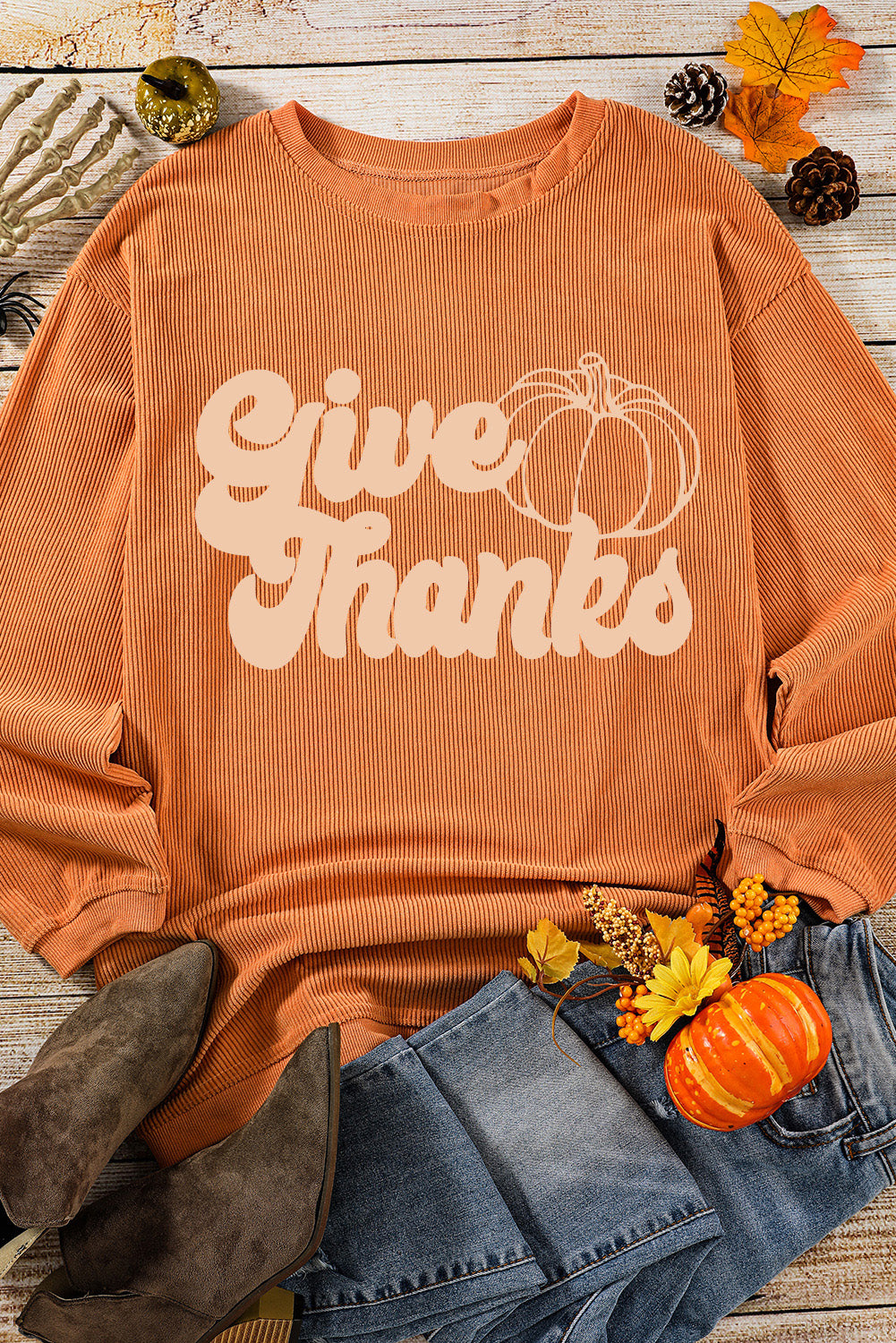 Give Thanks Pumpkin Graphic Corded Sweatshirt | Orange