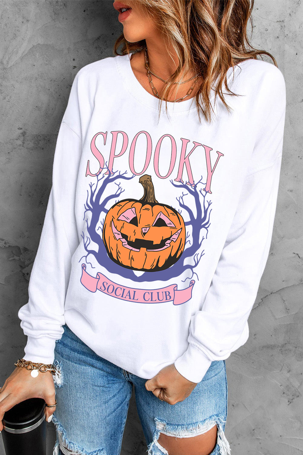 Spooky Social Club Halloween Pumpkin Face Graphic Sweatshirt | Beige