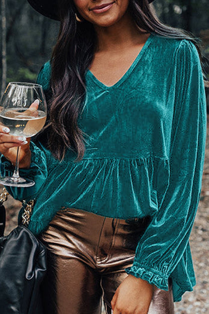 Velvet V Neck Peplum Hem Puff Sleeve Blouse | Sea Green